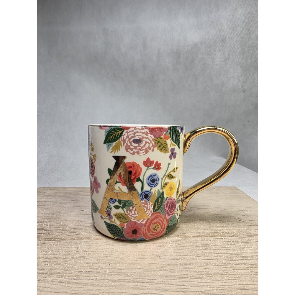 Rifle Paper Co. Floral Monogram "A" Mug | Gold Handle | Porcelain Coffee Cup
